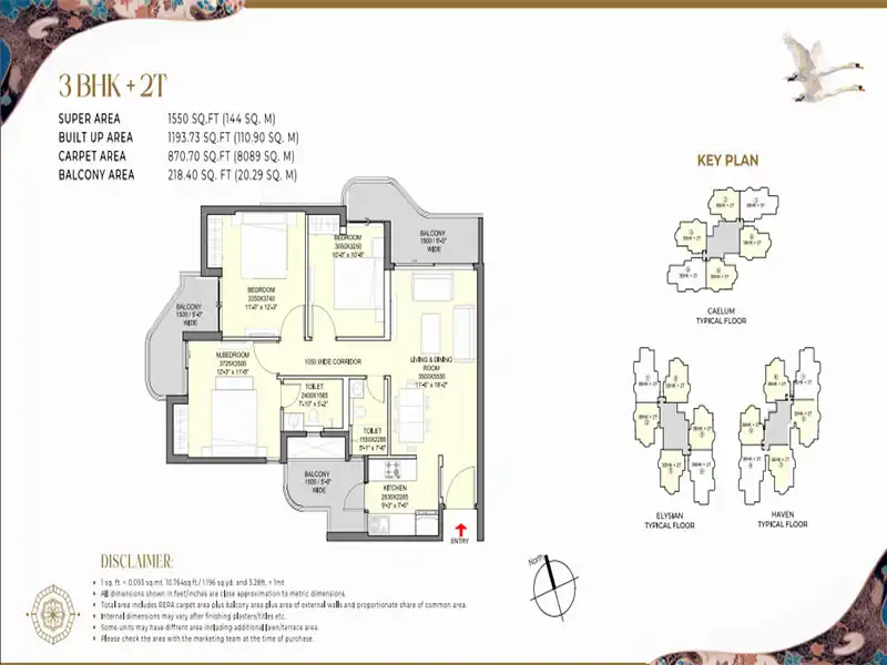 Eldeco Echoes of Eden 3 BHK + 2T - 1550 Sq. Ft.