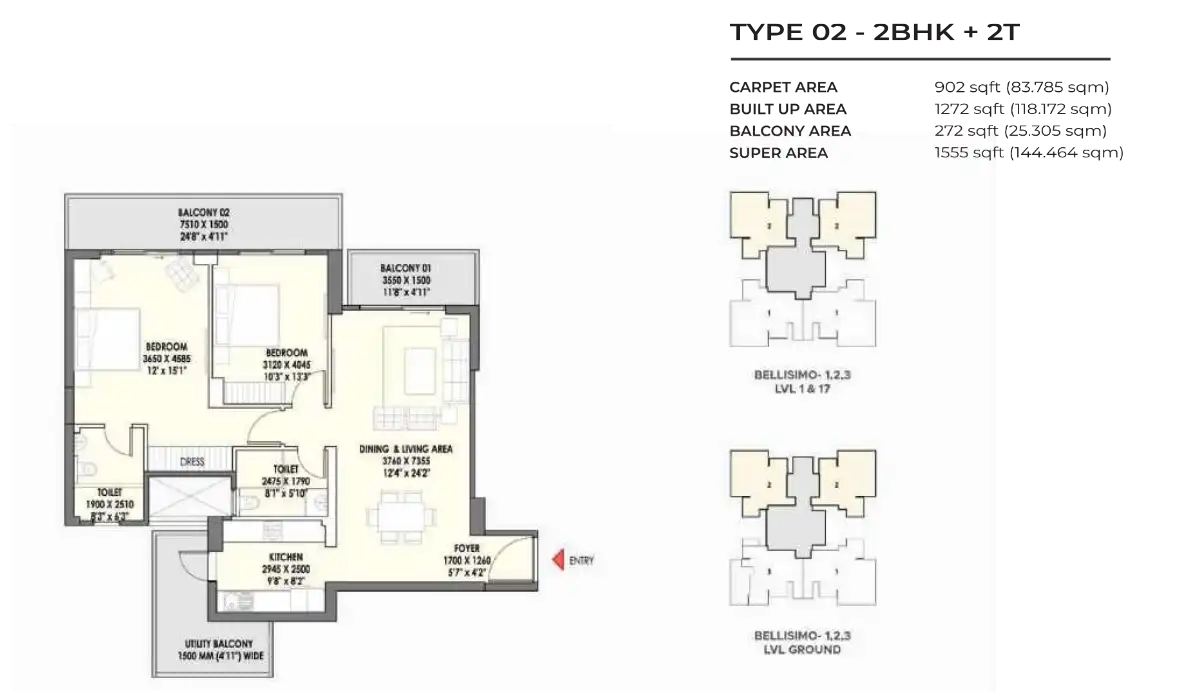 Eldeco La Vida Bella 2 BHK - 1555 Sq.Ft.